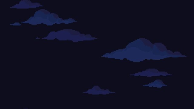 Pixel art clouds floating vertically on night sky background. Seamless looping animation. Animated cartoon cloudscape.