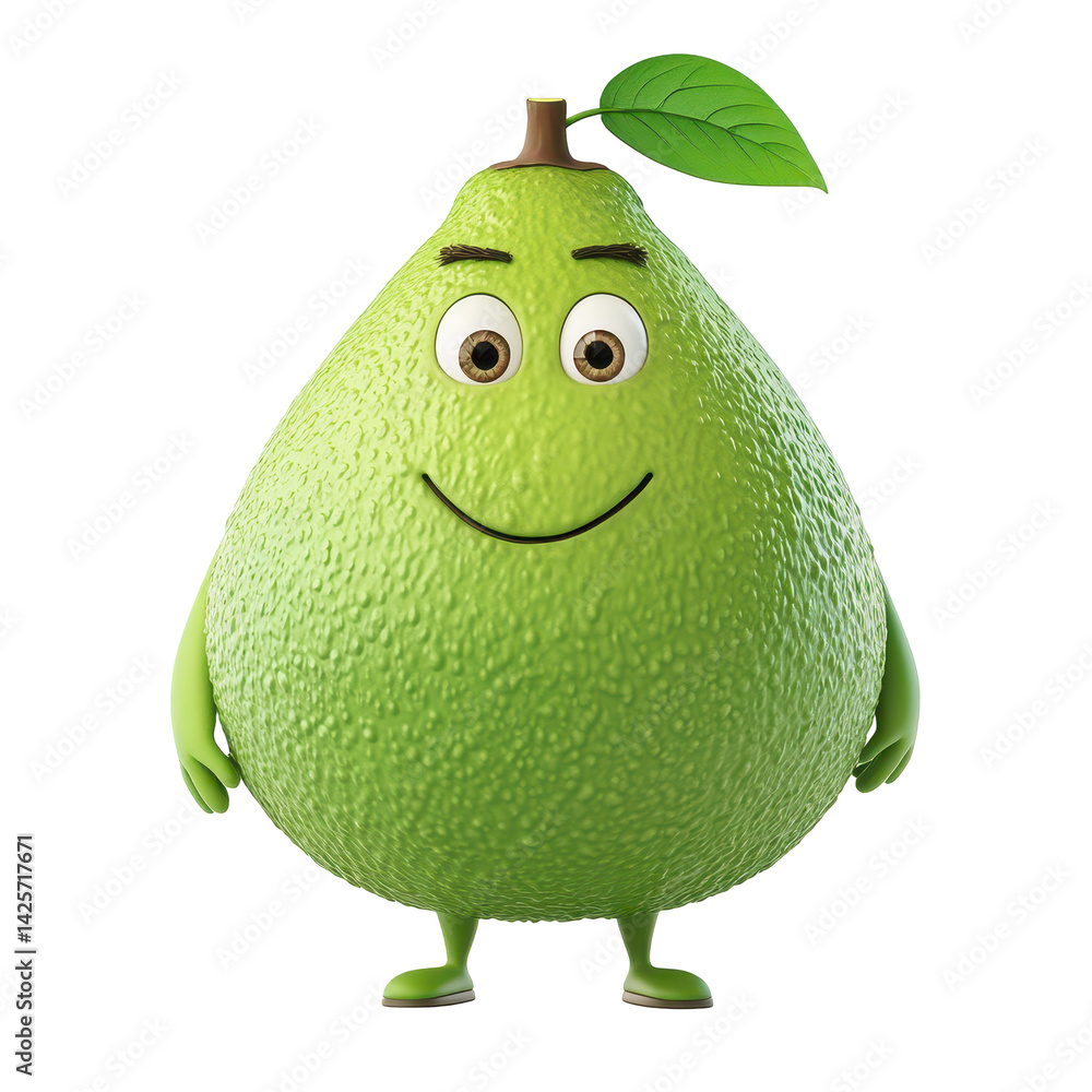 Poster friendly animated avocado character with smiling face and leaf, showcasing a playful design for chil