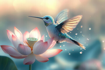 Fototapeta premium A hummingbird hovers near a delicate pink lotus flower, bathed in soft sunlight, creating a serene and magical scene.