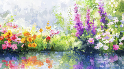 Obraz premium tranquil digital painting of blooming flowers by serene water body, showcasing vibrant colors and peaceful atmosphere