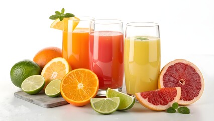 A vibrant trio of citrus juices, bursting with sunshine and flavor, ready to refresh your day in tall glasses with bright natural light.