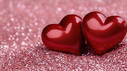 Fototapeta premium Two red hearts on a pink glitter background