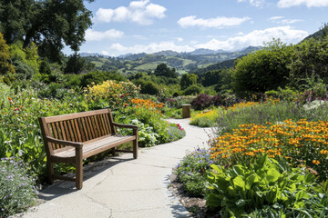 serene garden path lined with vibrant flowers and wooden bench invites relaxation amidst nature beauty
