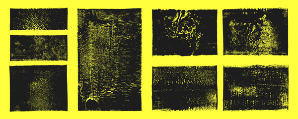 Linocut vector, relief printing rectangle grunge shapes, wide stripes rough spotted distressed aged textures set. Paint roller stains, lino ink grungy artistic textured backgrounds, text frames boxes