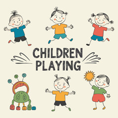 Cheerful hand-drawn illustration featuring various children playing, a toy monster, and the text CHILDREN PLAYING. Simple style with bright colors, perfect for themes of childhood and fun.