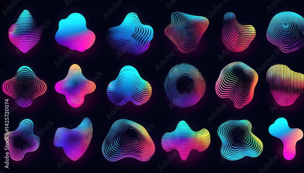 Poster vibrant neon gradient bitmap shapes holographic blurred fluid forms with dithering effect an energet