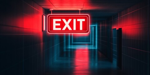 Evacuation Route Guidance, Emergency Exit Sign With Vibrant Neon Light In Dark Corridor