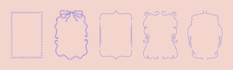 Collection of doodle hand drawn trendy frames with wavy lines, bows and ribbons. Minimalist line art for birthday, christmas, wedding Invitations.