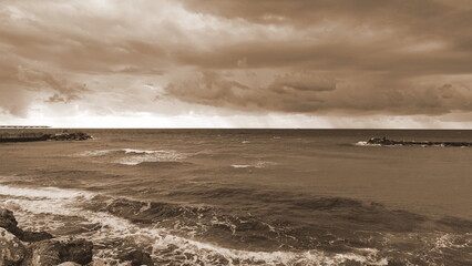 Stormy Ocean Waves Dramatic Landscape Wide Angle Sepia