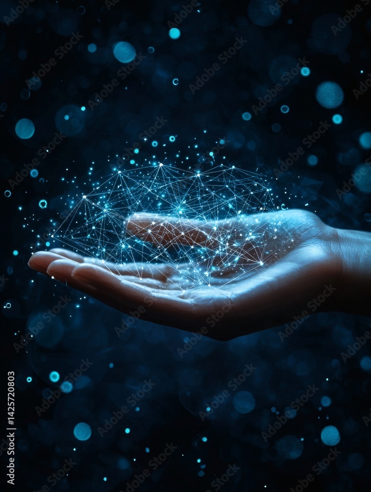 Poster abstract human hand holding a glowing grid of power lines in a futuristic digital background concept