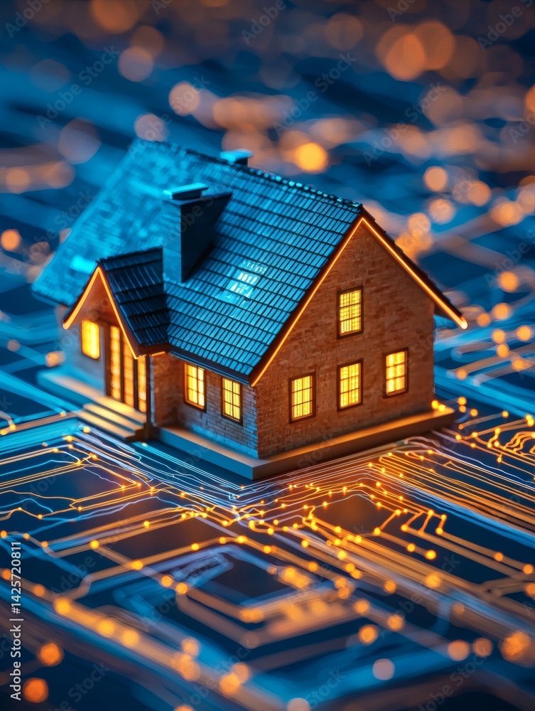 Poster futuristic home surrounded by invisible smart energy lines shown through light trails conceptual pho