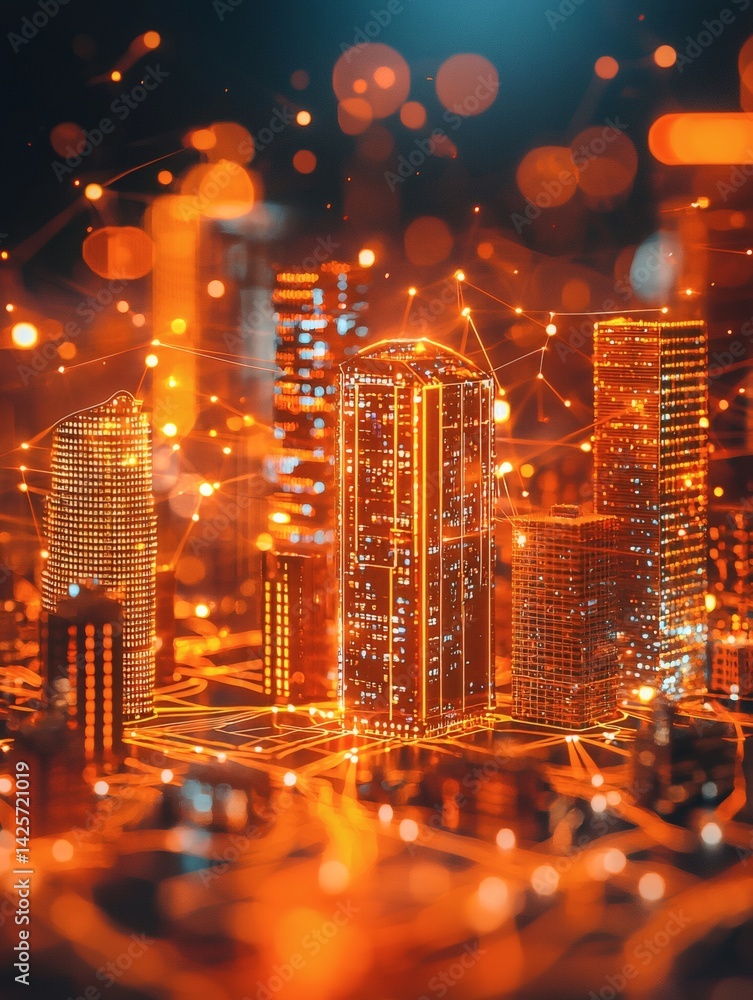 Poster electric grid lines floating over an abstract model city as if being updated in real-time conceptual photography Stock Photo with side copy space