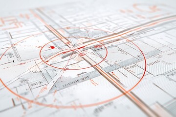 Stylized Crosshair Overlay on an Abstract Urban Map Showcasing Intricate Details of Streets and Locations