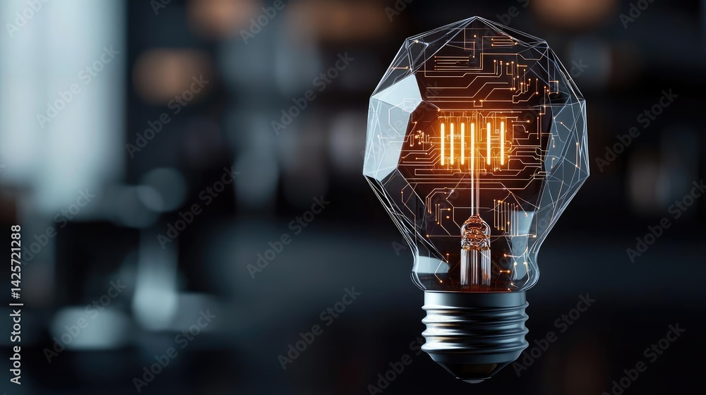 Poster polygon lightbulb showing technology-driven lamp concept. futuristic light bulb with circuit board d