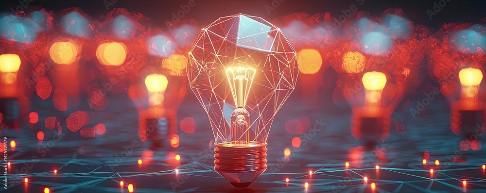 Poster polygon lightbulb in digital exchange illustration concept. a glowing light bulb in a network of ill