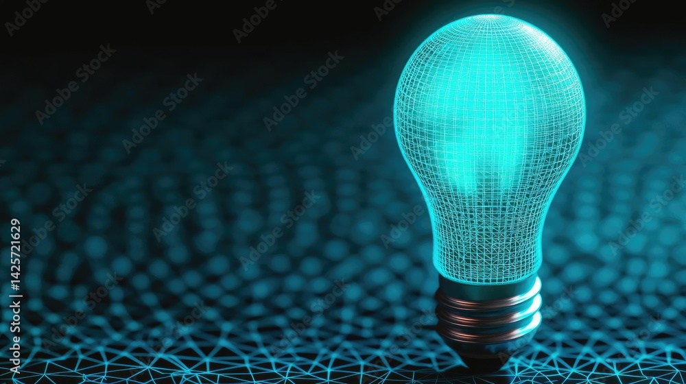 Poster polygon lightbulb featuring business network technology concept. glowing blue light bulb with a geom
