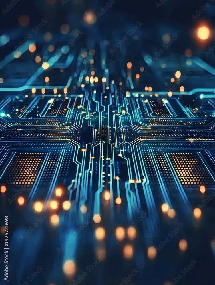 Poster rows of solar panels forming a circuit board across a vast field with glowing connection points conceptual photography Stock Photo with side copy space