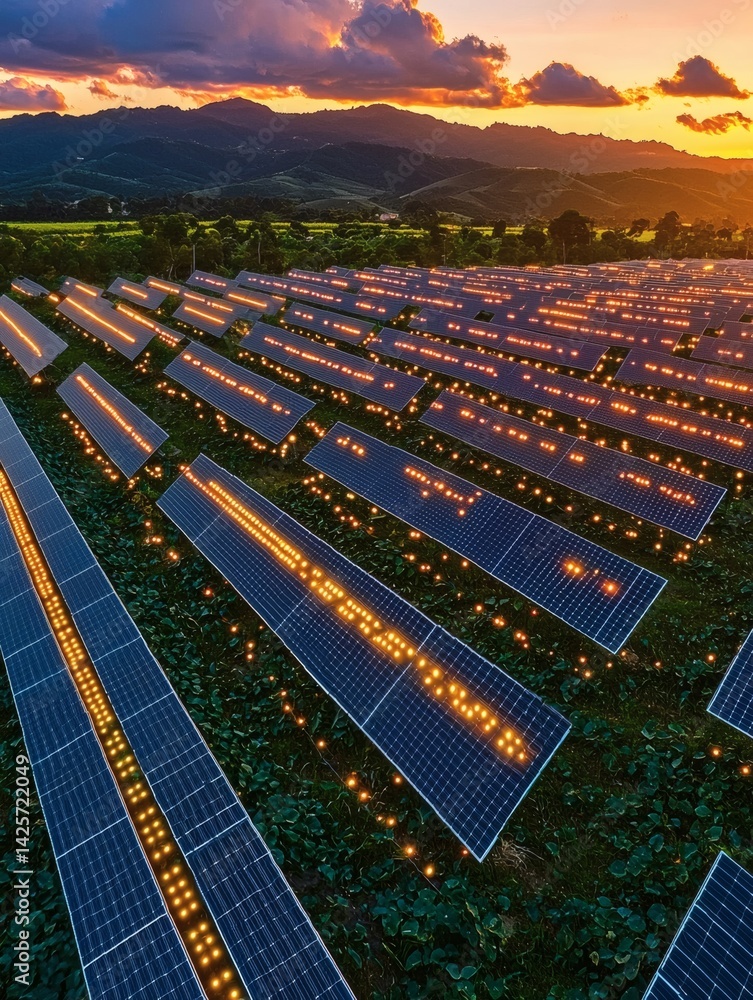 Poster rows of solar panels forming a circuit board across a vast field with glowing connection points conceptual photography Stock Photo with side copy space