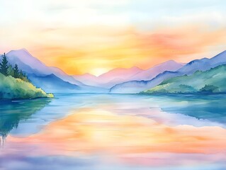 Serene Mountain Lake at Sunset in Watercolor, Generative AI