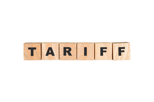 Tariff word on square wooden blocks, line up in a row. Isolated on transparent background.