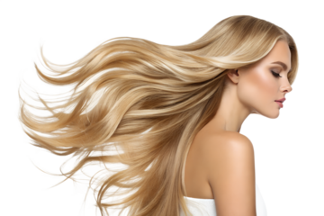 Blonde woman with long, flowing hair against transparent background