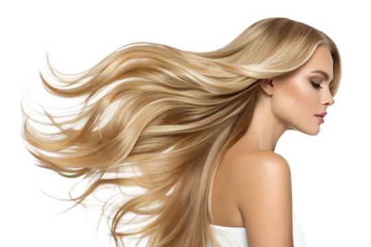 Blonde woman with long, flowing hair against transparent background
