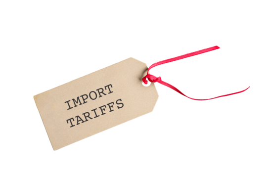 Import Tariffs tag with red ribbon. Isolated on transparent background.