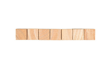 Seven blank square wooden blocks line up in a row. Isolated on transparent background.