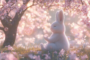 Serene white rabbit meditates amidst blossoming cherry trees and floating bubbles in a dreamy, pastel setting.