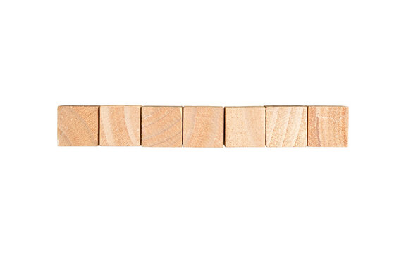 Seven blank square wooden blocks line up in a row. Isolated on transparent background.