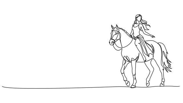 animated continuous single line drawing of woman in summer dress riding bareback on horse, line art animation