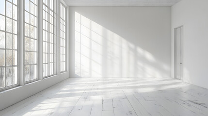 Obraz premium Bright sunlit room with large windows minimalist design indoor space calm and serene environment