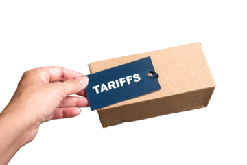 Holding a tariffs tag on top of a cardboard package, close up view. Isolated on transparent background.