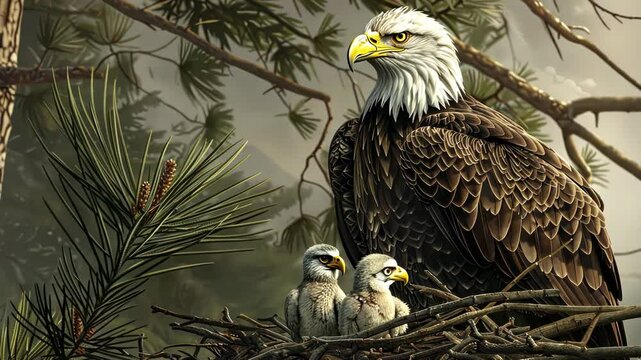 Bald eagle guards its nest in a vibrant forest, caring for two curious eaglets under its watchful eye
