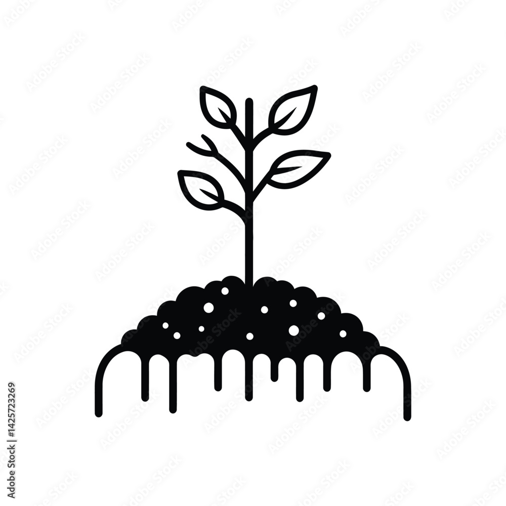 Poster sprout with soil icon on transparent background, line art style simple design
