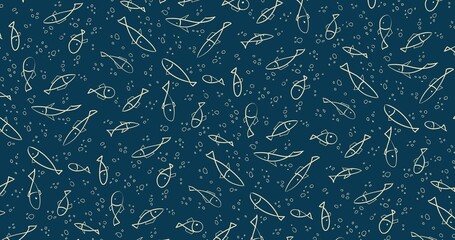 Playful 4K background featuring hand-drawn fish and bubbles on a dark blue background. This whimsical marine-themed design is perfect for kids’ textiles, wrapping paper, wallpaper