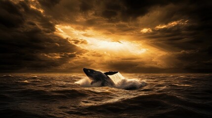 Fototapeta premium Majestic Whale Breaching in Dramatic Seascape at Sunset