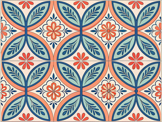 Fototapeta premium A bold and modern abstract geometric tile pattern with playful curves and stylized floral elements. Use vibrant fashion-forward colors like coral, cobalt blue, chartreuse, and soft lilac. 
