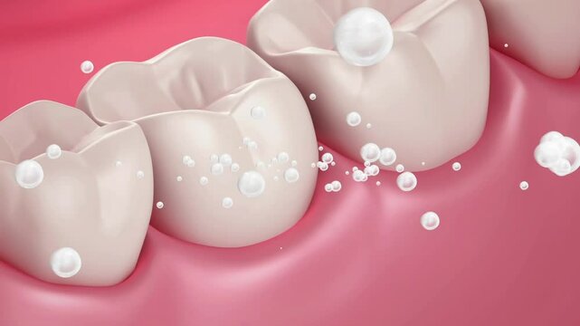 Remove bacteria and food debris from teeth. Toothpaste or mouthwash product removes dental plaque, whitens teeth and promotes healthy gums. Oral cleaning product concept. 3D rendering.
