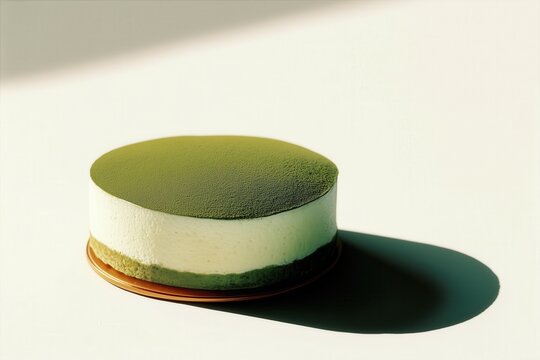 Minimalist Delicious matcha cake served on a wooden tray illuminated by soft natural light in a minimalist setting