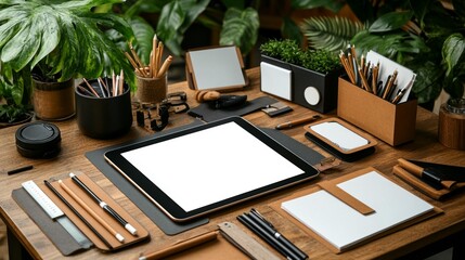 Organized workspace with tablet and stationery mockup neutral colors productive office desk