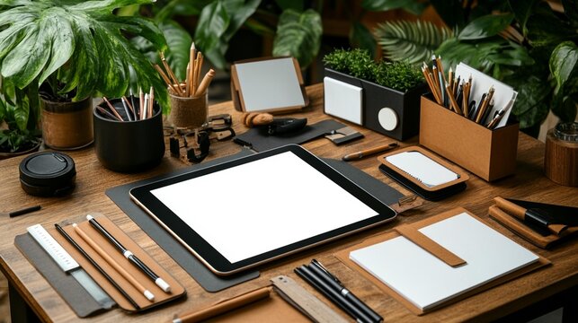 Organized workspace with tablet and stationery mockup neutral colors productive office desk