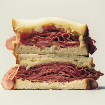Delicious stacked sandwich featuring layers of deli meat and cheese served on soft white bread