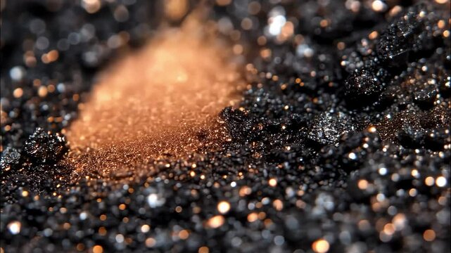 Crushed bronzer powder on black surface with golden shimmer macro beauty texture photography. 