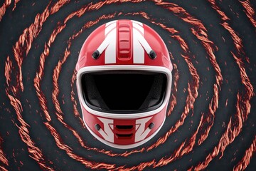 Top-down View of a Red Helmet With Distinct Design Features Against a Swirling Background