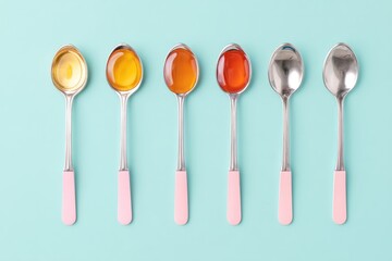 Honey Sampling Spoons Arranged on a Pastel Blue Surface Showcasing Varying Honey Colors and Textures