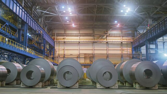 Aluminum rolls in the factory warehouse, ready for shipment.