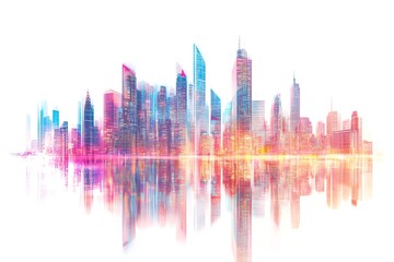 Obraz premium 3D Glitching Holographic Skyline with Distorted Digital Patterns.