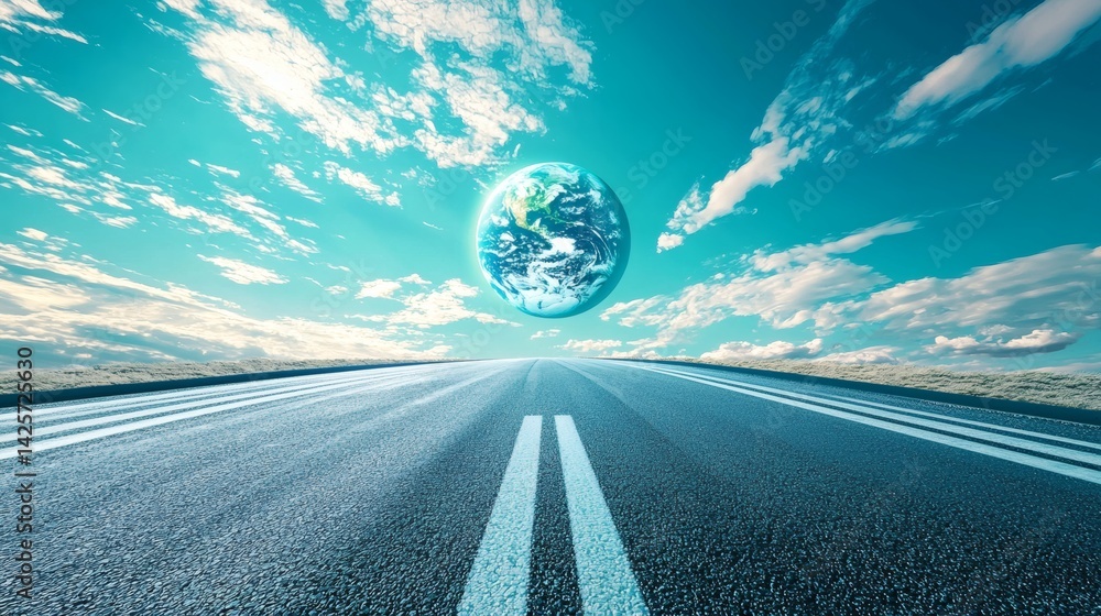 Poster symbolic green wheel morphing into planet earth hovering above a clean road conceptual photography s