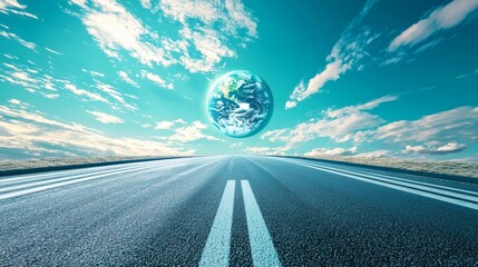 symbolic green wheel morphing into planet Earth hovering above a clean road conceptual photography Stock Photo with side copy space